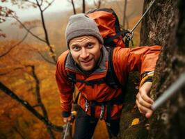 Determined man climbs a steep mountain trail AI Generative photo