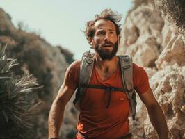 Determined man climbs a steep mountain trail AI Generative photo