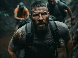 Determined man climbs a steep mountain trail AI Generative photo