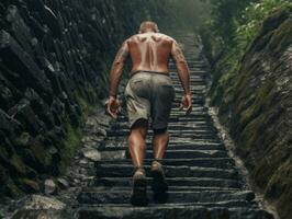 determinado hombre sube un escarpado montaña sendero ai generativo foto