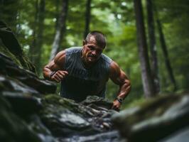 Determined man climbs a steep mountain trail AI Generative photo