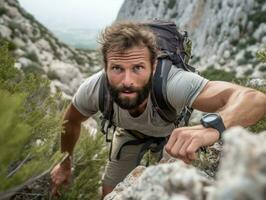 Determined man climbs a steep mountain trail AI Generative photo