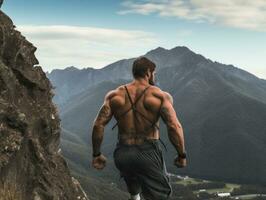 Determined man climbs a steep mountain trail AI Generative photo