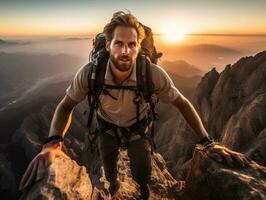 determinado hombre sube un escarpado montaña sendero ai generativo foto