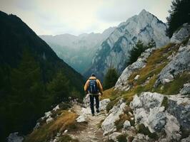 Determined man climbs a steep mountain trail AI Generative photo