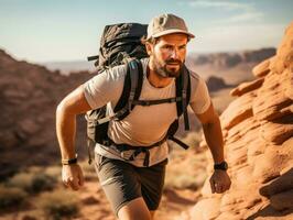 Determined man climbs a steep mountain trail AI Generative photo