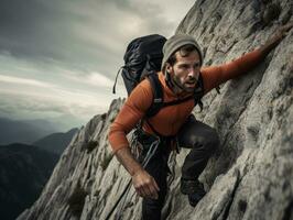 Determined man climbs a steep mountain trail AI Generative photo