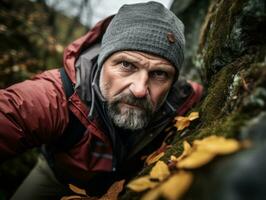 Determined man climbs a steep mountain trail AI Generative photo