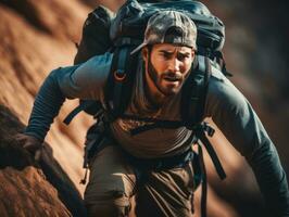 Determined man climbs a steep mountain trail AI Generative photo