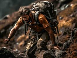 Determined man climbs a steep mountain trail AI Generative photo