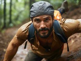 Determined man climbs a steep mountain trail AI Generative photo