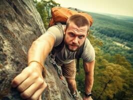 Determined man climbs a steep mountain trail AI Generative photo