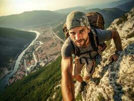 determinado hombre sube un escarpado montaña sendero ai generativo foto