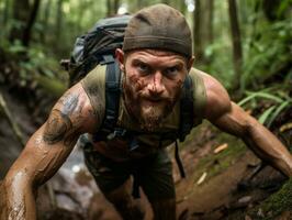 determinado hombre sube un escarpado montaña sendero ai generativo foto