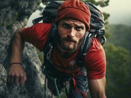 Determined man climbs a steep mountain trail AI Generative photo