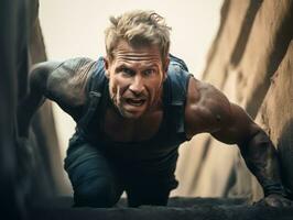 Determined man climbs a steep mountain trail AI Generative photo