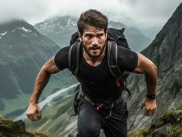 Determined man climbs a steep mountain trail AI Generative photo