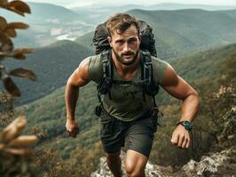 Determined man climbs a steep mountain trail AI Generative photo