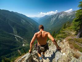 Determined man climbs a steep mountain trail AI Generative photo