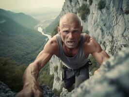 Determined man climbs a steep mountain trail AI Generative photo