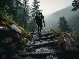 Determined man climbs a steep mountain trail AI Generative photo