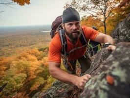 determinado hombre sube un escarpado montaña sendero ai generativo foto