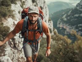 Determined man climbs a steep mountain trail AI Generative photo