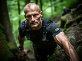 Determined man climbs a steep mountain trail AI Generative photo