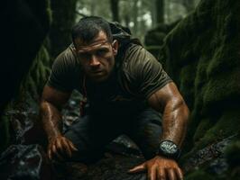 Determined man climbs a steep mountain trail AI Generative photo