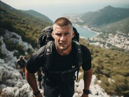 Determined man climbs a steep mountain trail AI Generative photo