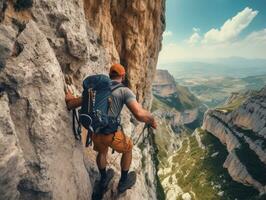 Determined man climbs a steep mountain trail AI Generative photo