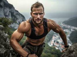 determinado hombre sube un escarpado montaña sendero ai generativo foto