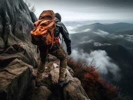 Determined man climbs a steep mountain trail AI Generative photo