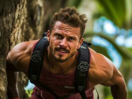 determinado hombre sube un escarpado montaña sendero ai generativo foto