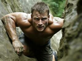 determinado hombre sube un escarpado montaña sendero ai generativo foto