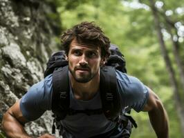 Determined man climbs a steep mountain trail AI Generative photo