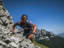 Determined man climbs a steep mountain trail AI Generative photo