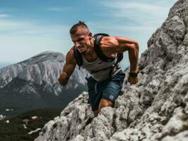 determinado hombre sube un escarpado montaña sendero ai generativo foto