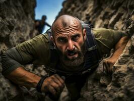 determinado hombre sube un escarpado montaña sendero ai generativo foto