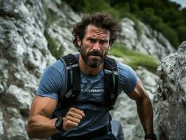 Determined man climbs a steep mountain trail AI Generative photo