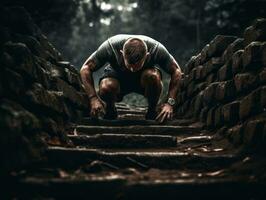 Determined man climbs a steep mountain trail AI Generative photo