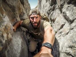 determinado hombre sube un escarpado montaña sendero ai generativo foto