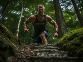 Determined man climbs a steep mountain trail AI Generative photo