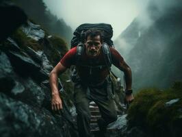 Determined man climbs a steep mountain trail AI Generative photo