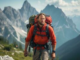 Determined man climbs a steep mountain trail AI Generative photo