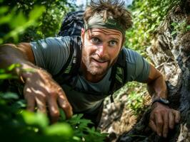 Determined man climbs a steep mountain trail AI Generative photo