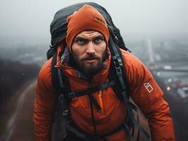 Determined man climbs a steep mountain trail AI Generative photo