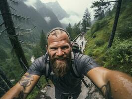 determinado hombre sube un escarpado montaña sendero ai generativo foto