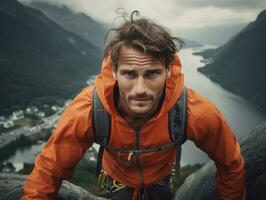 Determined man climbs a steep mountain trail AI Generative photo