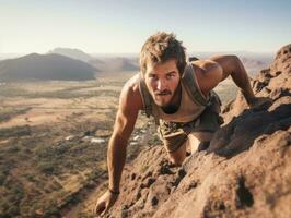 Determined man climbs a steep mountain trail AI Generative photo